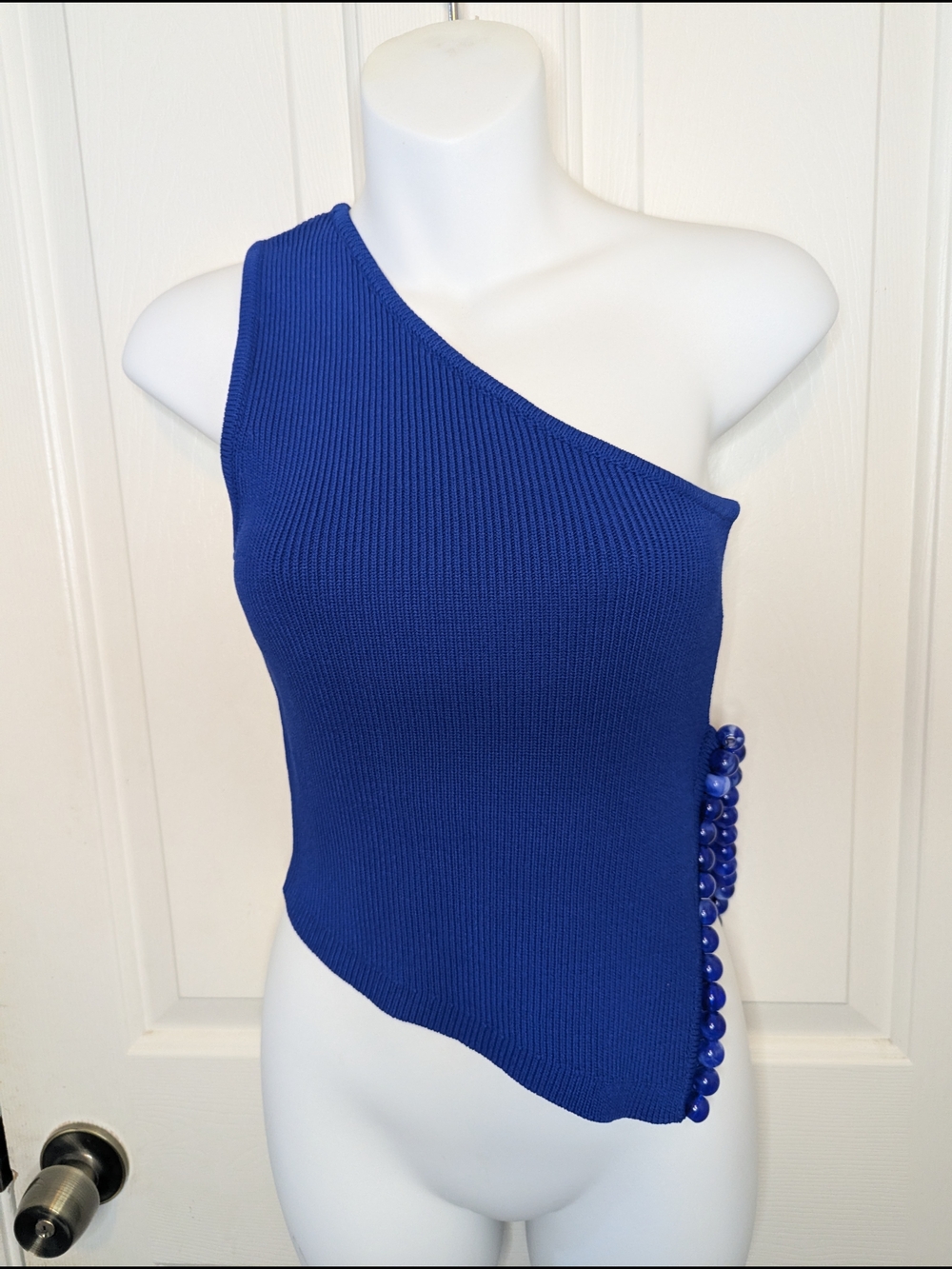 ZARA Blue One Shoulder Ribbed Knit Top Beaded Side Detail Asymmetric Hem Size M
